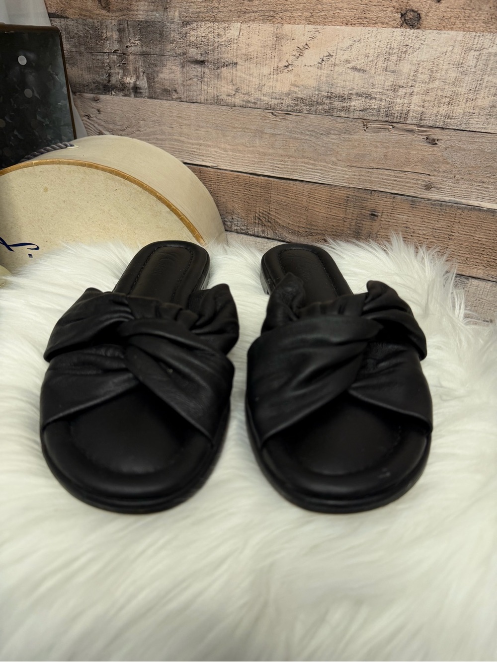 J. Crew Black Leather Knotted Slides 10.5